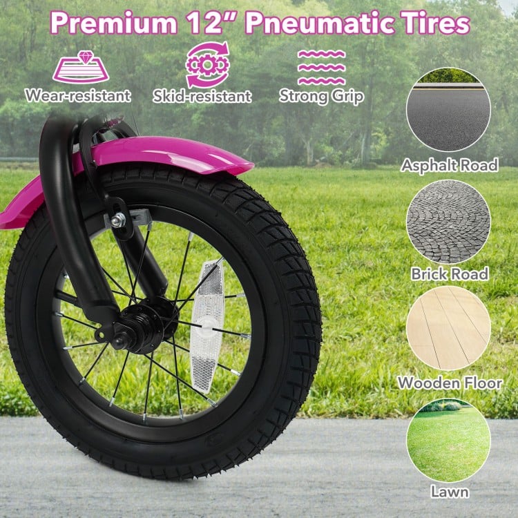 Close-up of the 12-inch pneumatic tire on a kids bike, featuring wear-resistant and skid-resistant design for various.