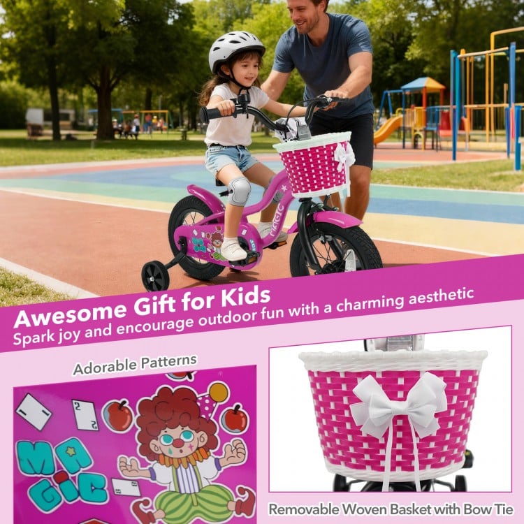12-inch kids bike in pink with training wheels, removable basket, and colorful patterns for ages 3-4, perfect for.
