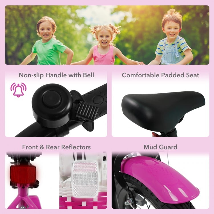 Close-up of the comfortable padded seat on the 12-inch kids bike in Magic Rose, featuring safety reflectors and a bell.