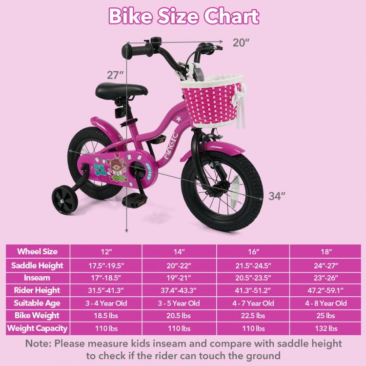 Bike size chart for the 12-inch Magic Rose kids bike, detailing dimensions and suitable age range for children.