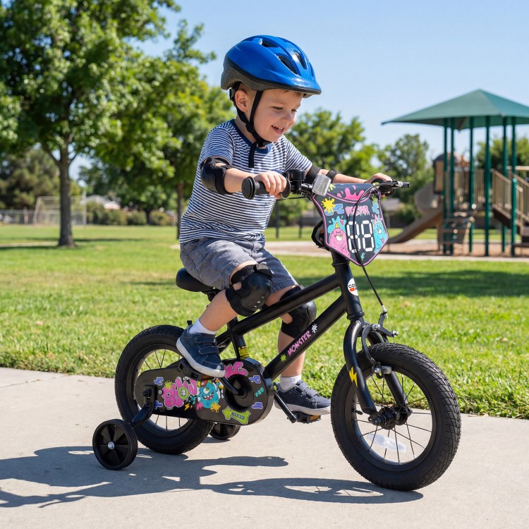 12-inch kids bike with training wheels, black with vibrant monster graphics, perfect for outdoor fun and learning.