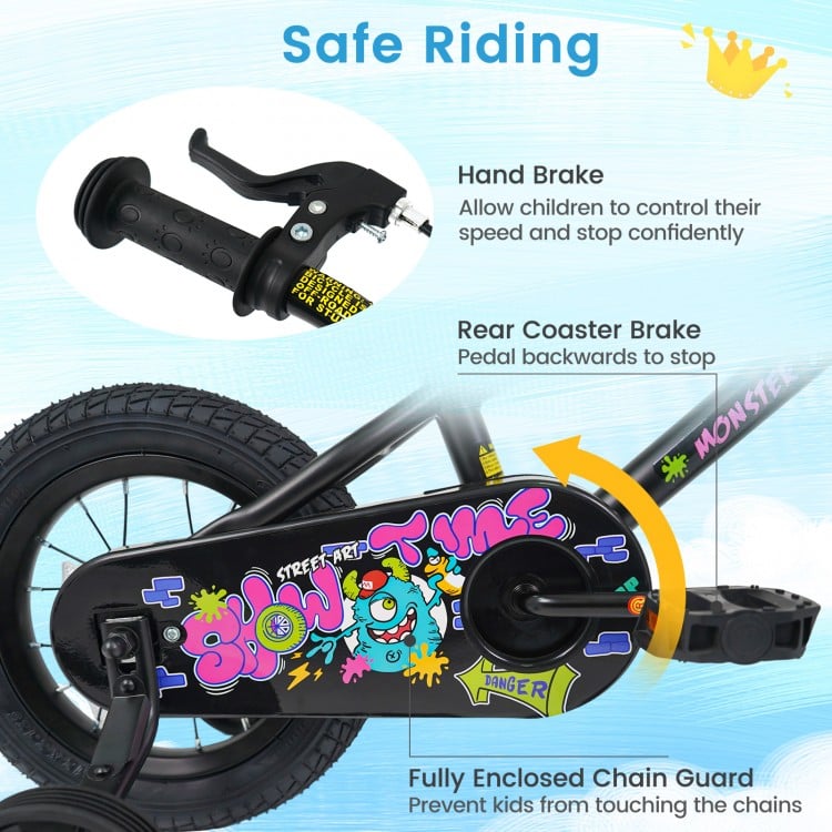 Close-up of the 12-inch kids bike's hand brake and rear coaster brake, featuring vibrant street art design for safe.