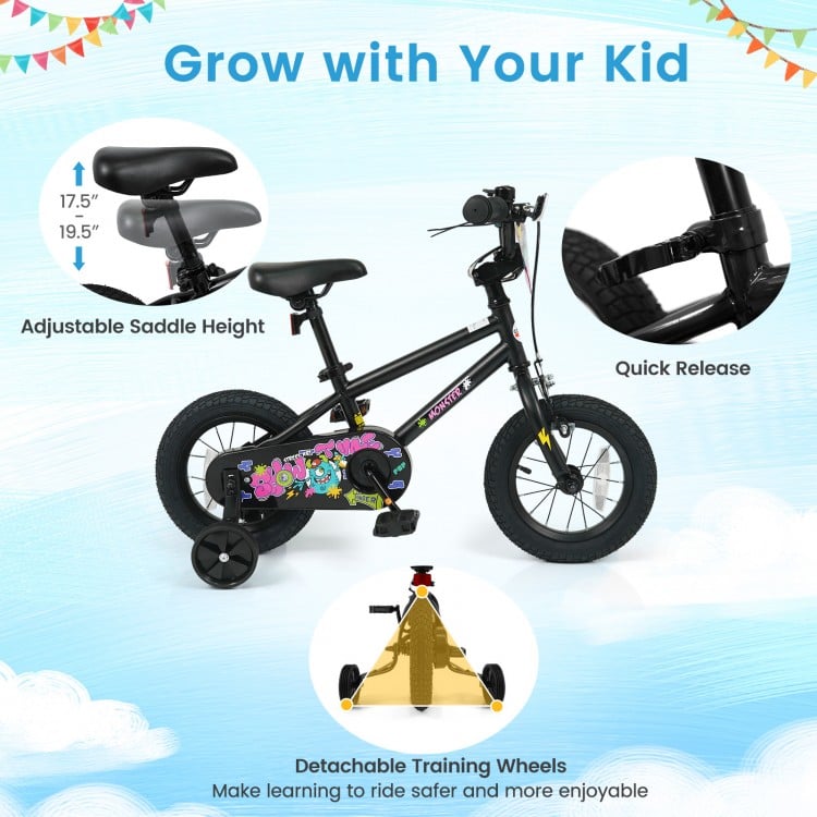 12-inch kids bike with adjustable seat, detachable training wheels, and vibrant monster graphics for ages 3-4.