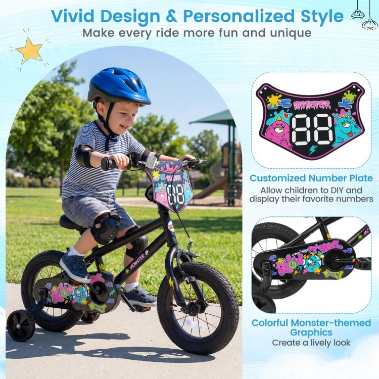 12-inch black kids bike with training wheels, featuring colorful monster graphics and a customizable number plate for.