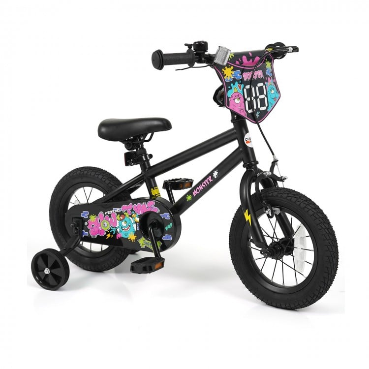 12-inch kids bike in black with street art design, featuring training wheels, adjustable seat, and hand brake for.