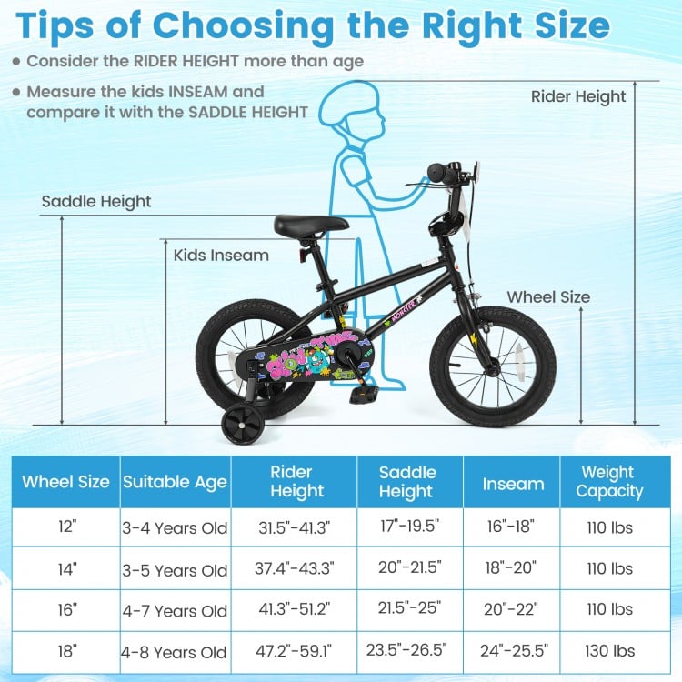 12-inch kids bike with training wheels, adjustable seat, and bright monster graphics for ages 3-4 years old.
