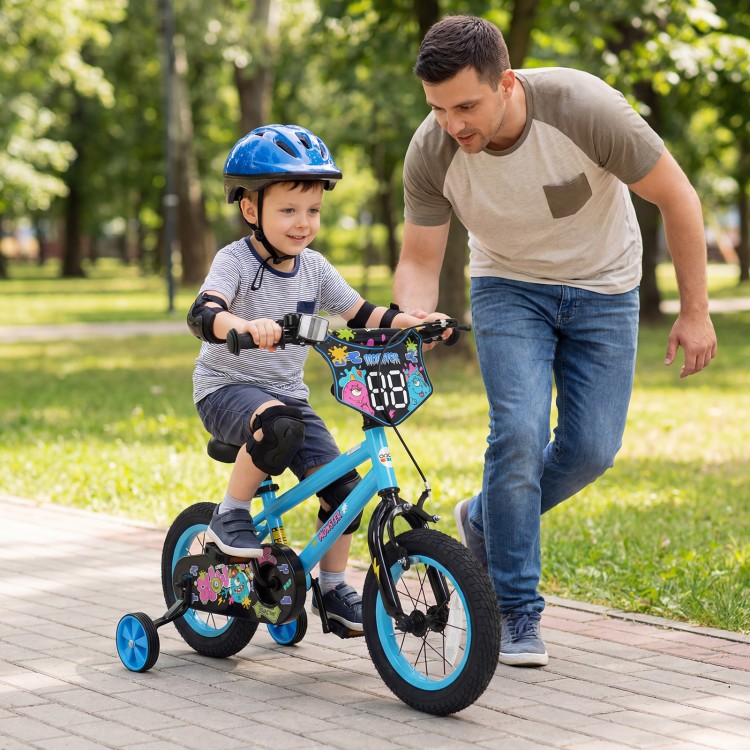 12-inch blue kids bike with training wheels, featuring bright monster graphics and adjustable seat for ages 3-8 years.