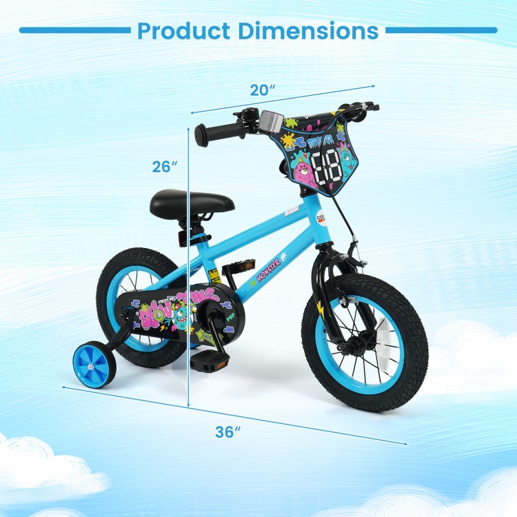 12-inch kids bike with training wheels, blue color, featuring adjustable seat and vibrant monster graphics for ages 3-8.