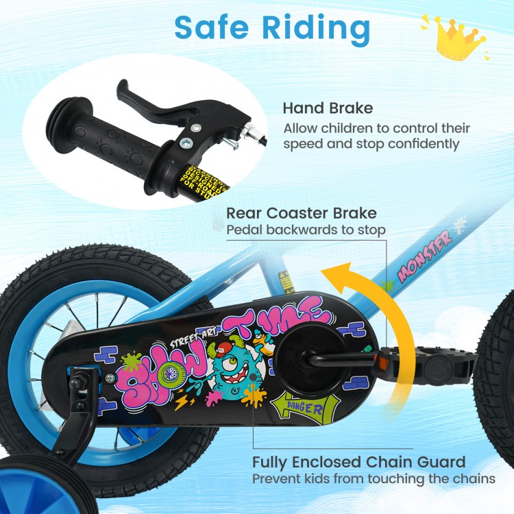 Close-up of the 12-inch kids bike's hand brake, rear coaster brake, and enclosed chain guard for safe riding.