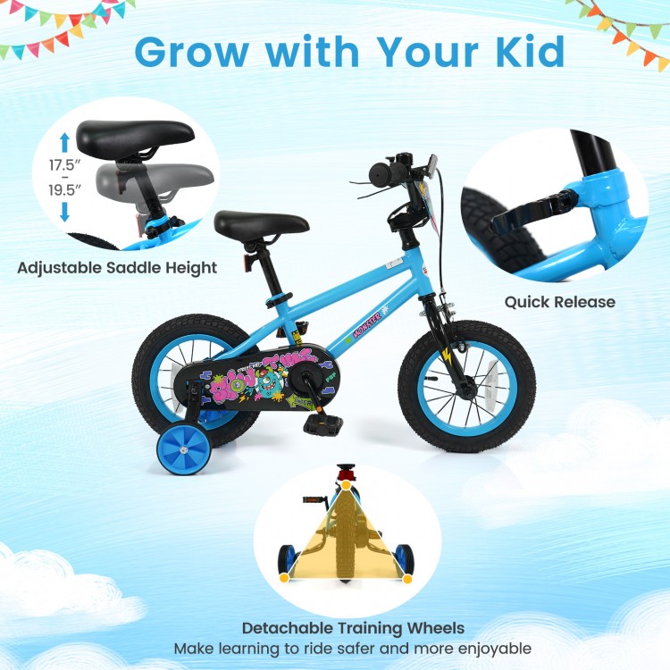 12-inch blue kids bike with adjustable seat, detachable training wheels, and vibrant monster graphics for ages 3-8.