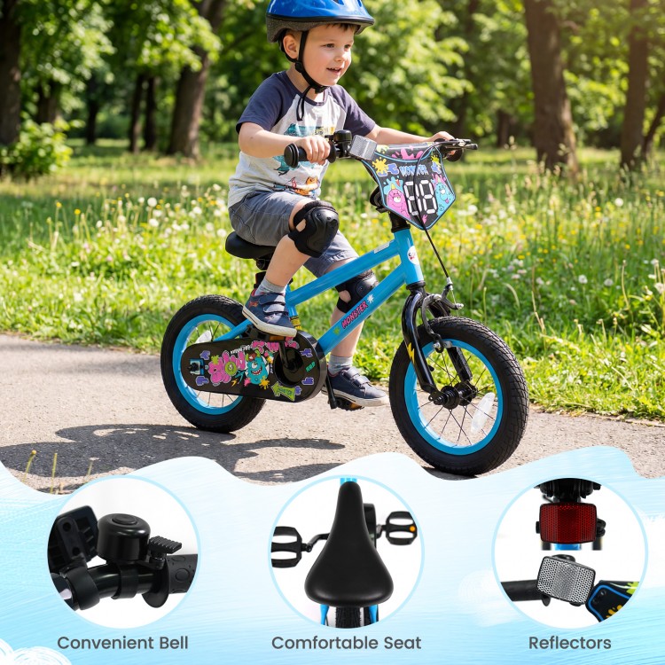 Blue 12-inch kids bike with training wheels, featuring a comfortable seat, bell, and reflectors for safety outdoors.