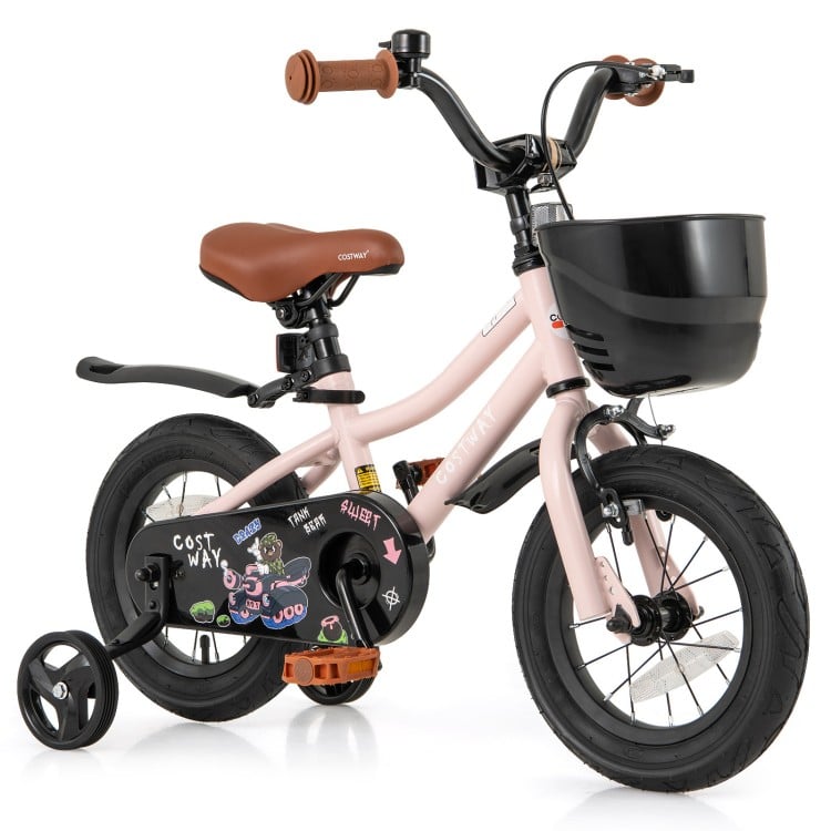 Kids bike with 12-inch wheels, adjustable seat, and basket, featuring dual brakes and removable training wheels for.