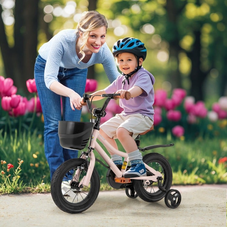 Kids bike with basket and adjustable handlebar, featuring training wheels and dual brake system for safety and.