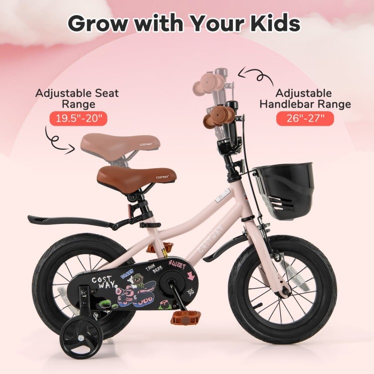 12-inch kids bike with adjustable seat and handlebars, dual brake system, and removable training wheels for ages 3-4.