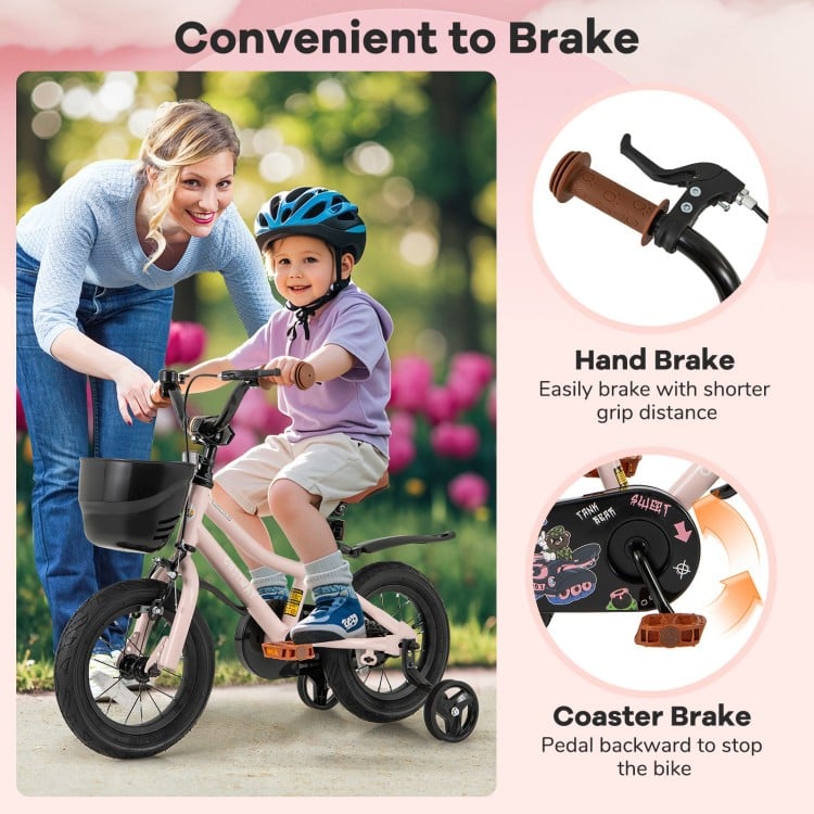 Kids bike with basket, hand brake, and coaster brake, designed for ages 3-4, featuring adjustable seat and training.