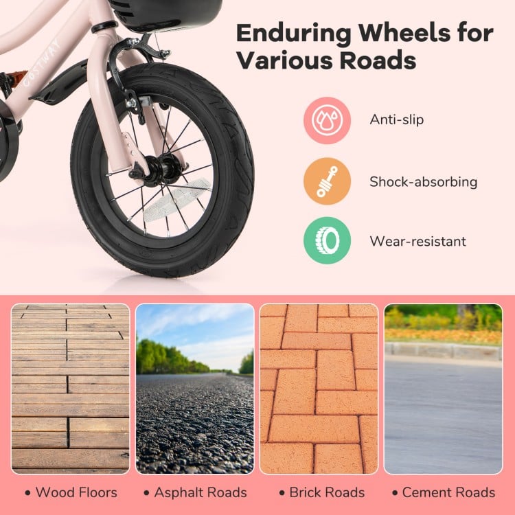 Enduring wheels of the 12-inch kids bike, designed for various surfaces like wood floors, asphalt, and brick roads.
