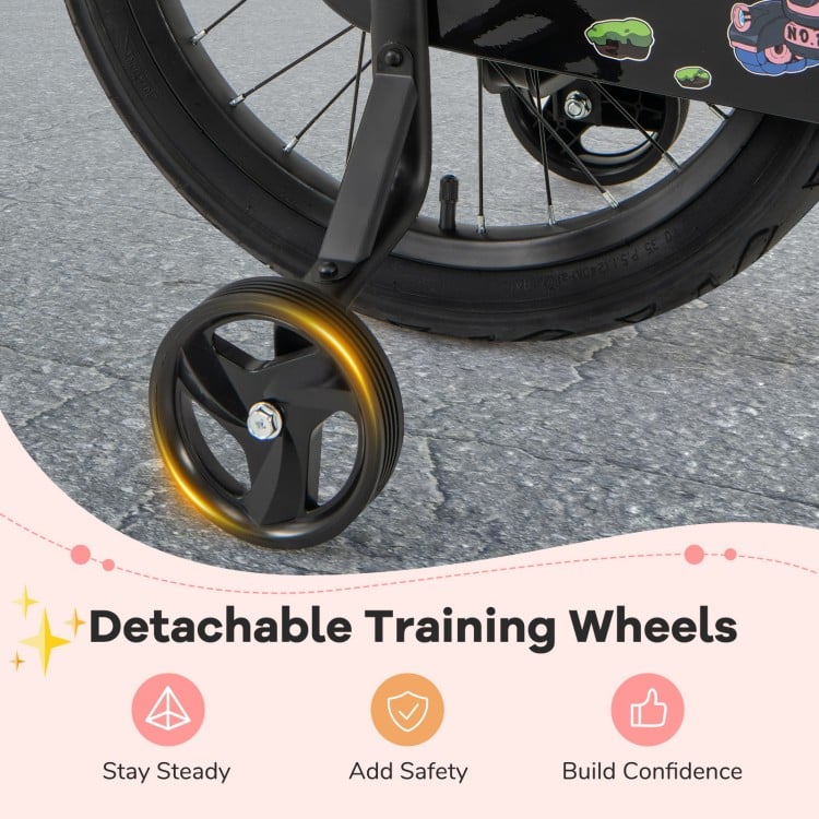 Detachable training wheels on a 12-inch kids bike for added safety and stability, perfect for young riders.