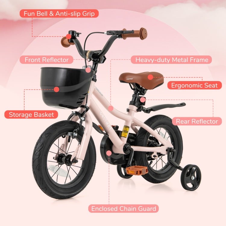 12-inch kids bike with basket, adjustable handlebar, dual brake system, and removable training wheels for ages 3-4.