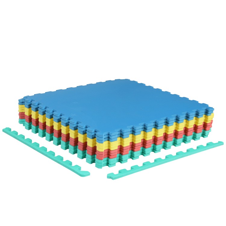 Multicolor interlocking EVA foam floor tiles, 0.5" thick, non-slip surface, ideal for home gym or living room use.