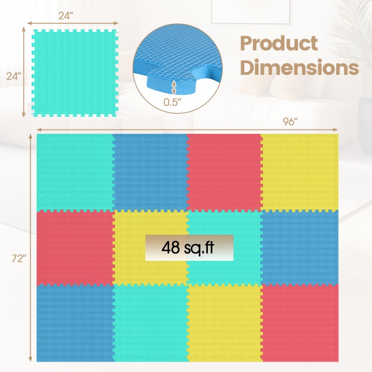 Multicolor interlocking EVA foam floor tiles, 0.5" thick, provide non-slip comfort and protect surfaces in home gyms or living rooms.
