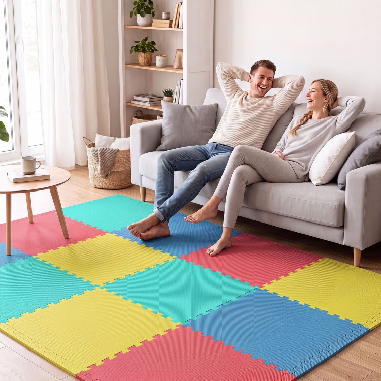 Multicolor interlocking EVA foam floor tiles provide non-slip comfort and joint protection for living rooms or home gyms.