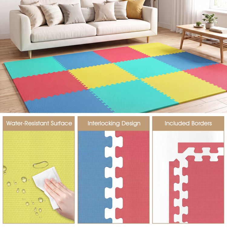 Multicolor interlocking EVA foam floor tiles with a non-slip surface, ideal for home gyms and living rooms.