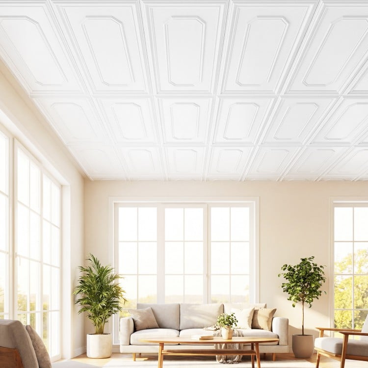 Decorative PVC ceiling tiles in a 3D design, ideal for easy installation and customizable decor in living spaces.