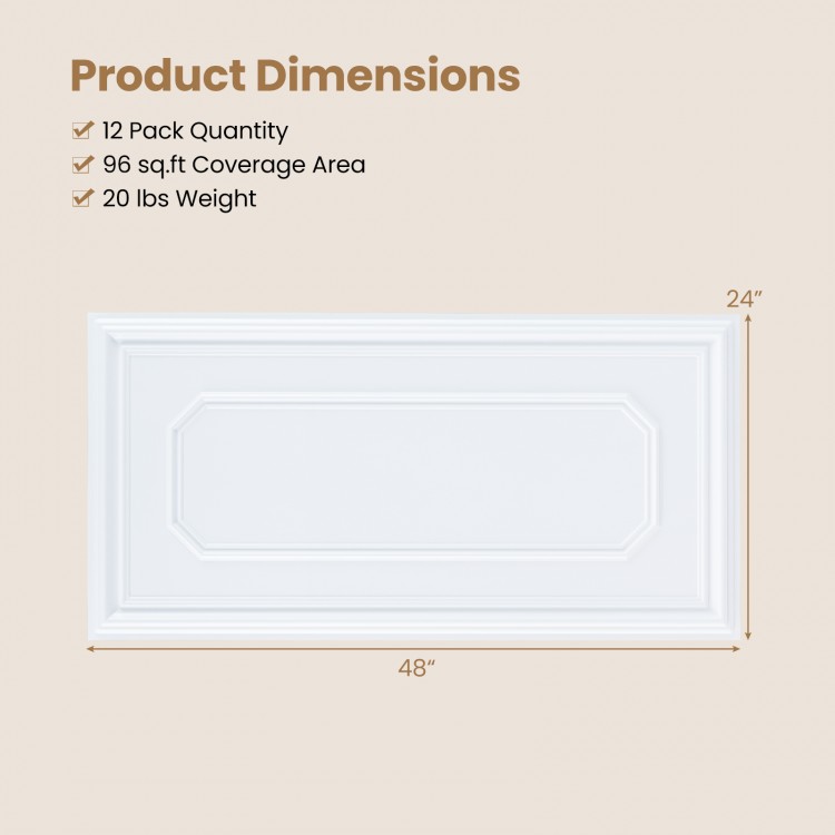 12-pack of decorative PVC ceiling tiles, 3D design, 48" x 24", lightweight for easy installation in various rooms.