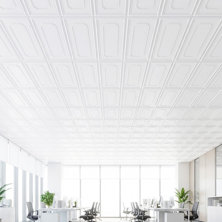 Ceiling view showcasing 3D-style PVC tiles, lightweight and easy-to-clean, perfect for minimalist interior decor.