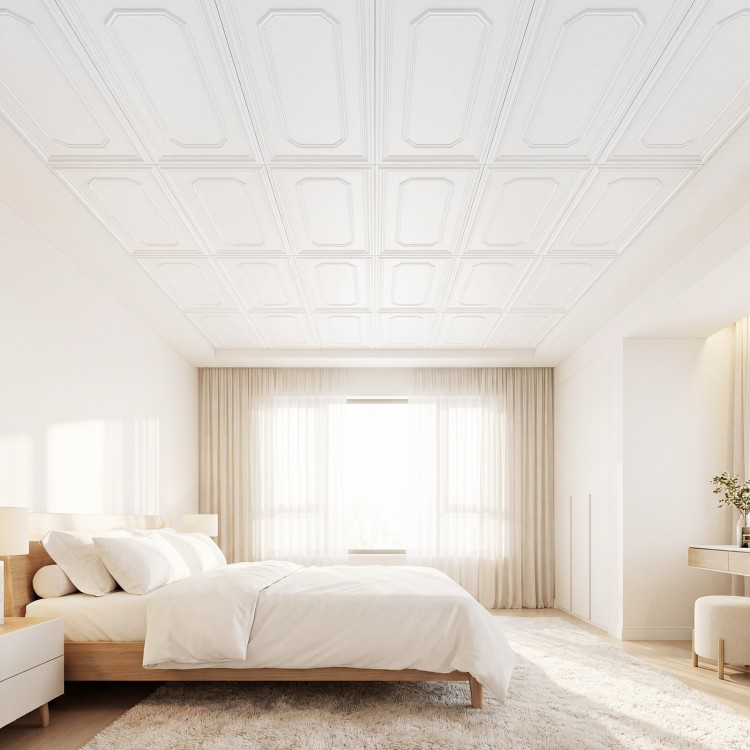 Lightweight 3D PVC ceiling tiles in a minimalist design, perfect for easy DIY customization in various interior spaces.