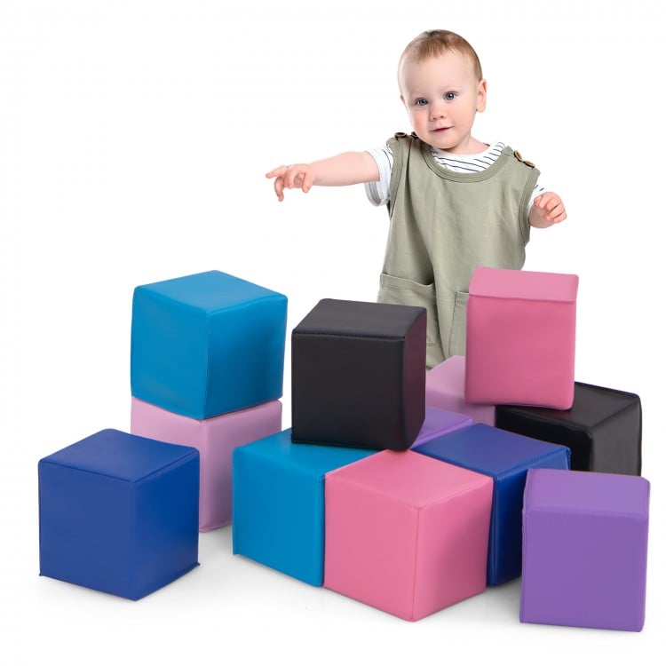 Colorful set of 12 soft foam building blocks for kids, designed for safe play and motor skill development.