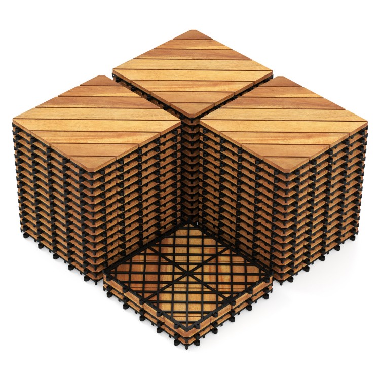 Acacia wood interlocking deck tiles in a stacked arrangement, featuring a waterproof design for outdoor use.