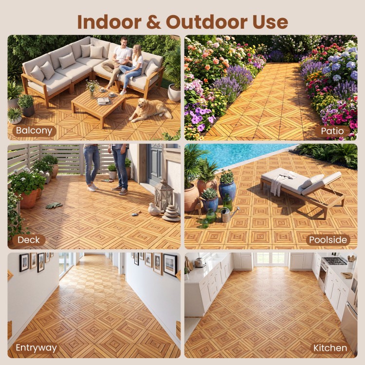 Acacia wood interlocking deck tiles in various outdoor settings, showcasing waterproof design for versatile use.