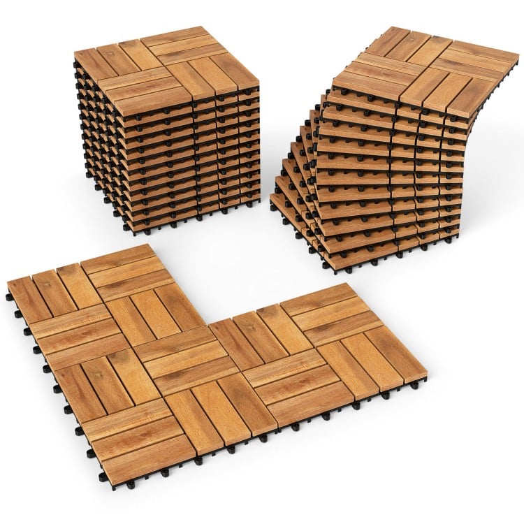 Acacia wood interlocking deck tiles in a natural finish, 12 x 12 inches, waterproof design for outdoor flooring.