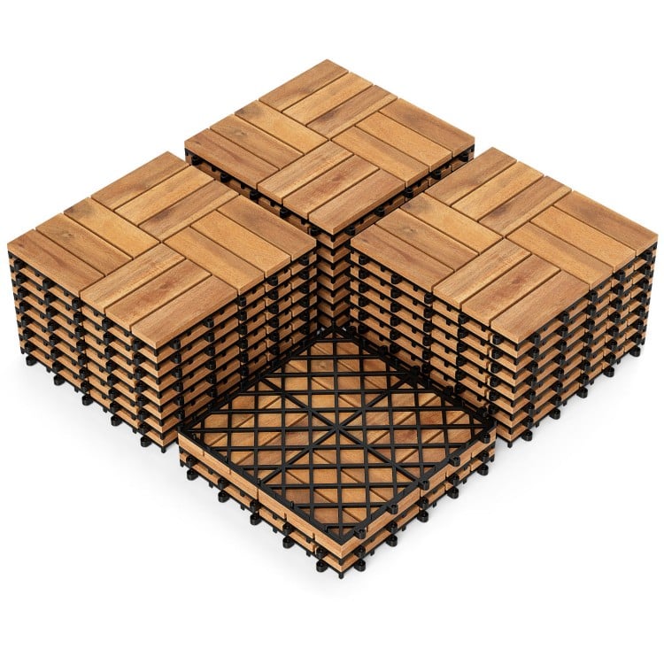 Acacia wood interlocking deck tiles in a natural finish, 12 x 12 inch, waterproof design for outdoor flooring.