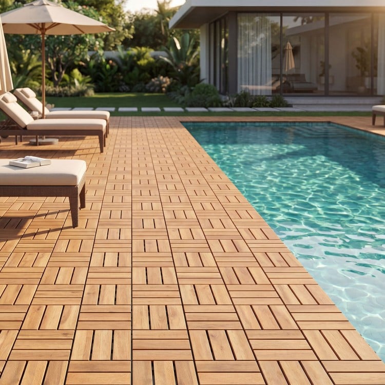 Acacia wood interlocking deck tiles arranged around a pool, showcasing a natural waterproof design for outdoor spaces.