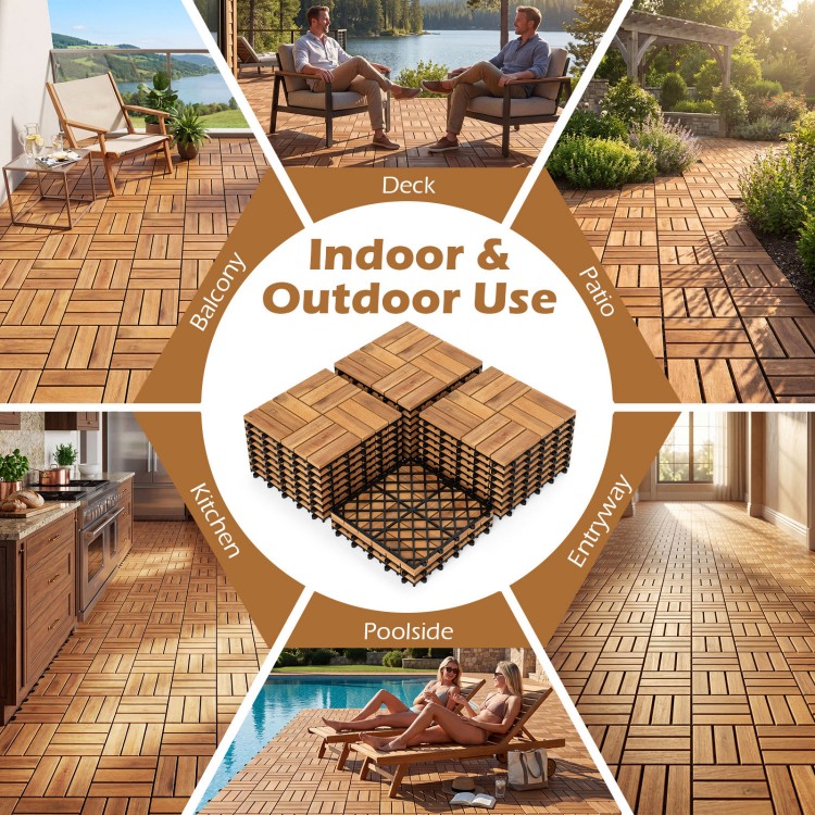 Acacia wood interlocking deck tiles, 12 x 12 inches, suitable for indoor and outdoor use in various settings.