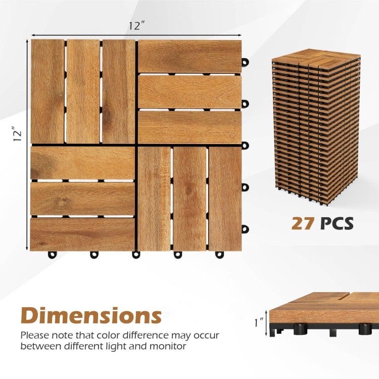Acacia wood interlocking deck tiles, 12x12 inches, 27 pieces, waterproof design, ideal for outdoor flooring.