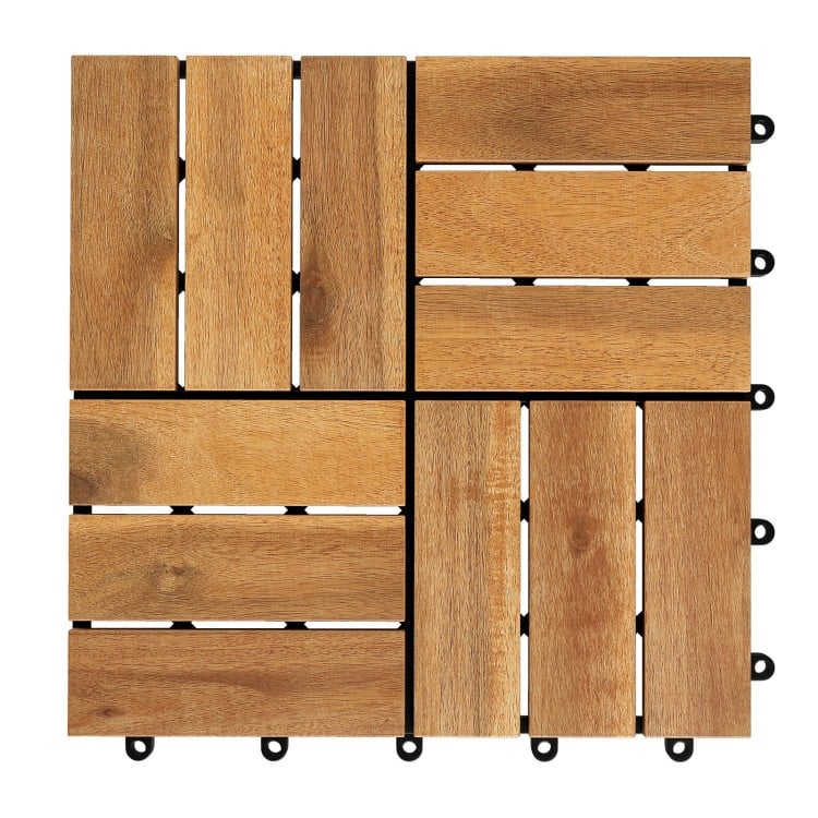 Acacia wood interlocking deck tiles, 12 x 12 inch, waterproof design, ideal for outdoor flooring.