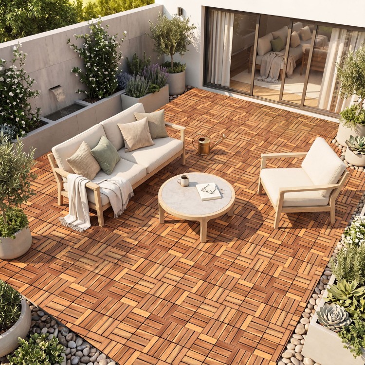 Acacia wood interlocking deck tiles in a patio setting, showcasing 12" x 12" waterproof tiles for outdoor use.