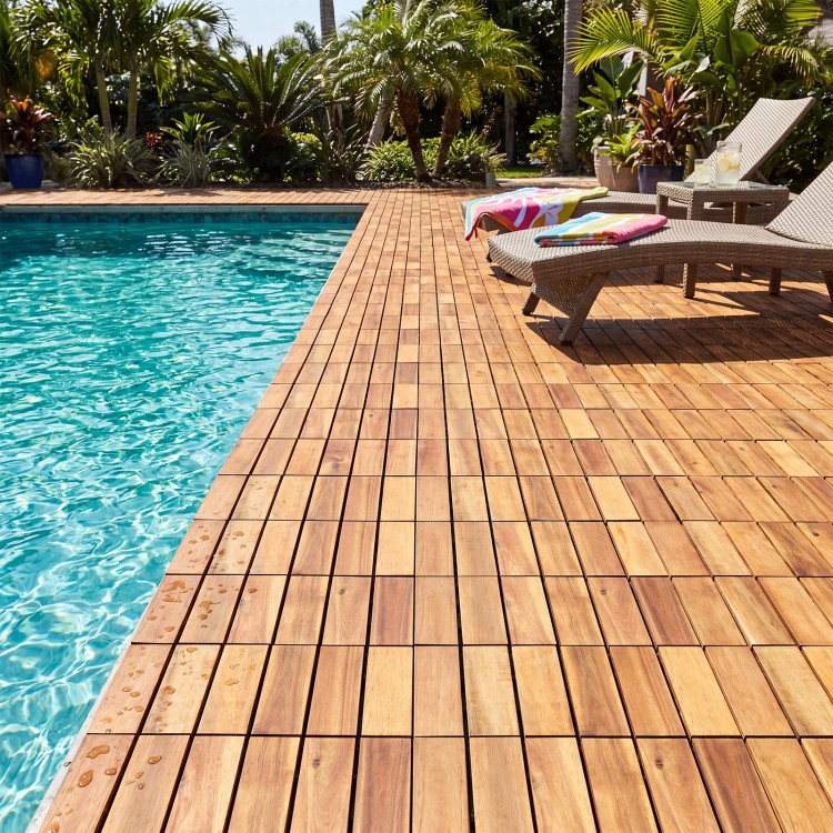Acacia wood interlocking deck tiles shown on a poolside, ideal for outdoor flooring in patios and backyards.