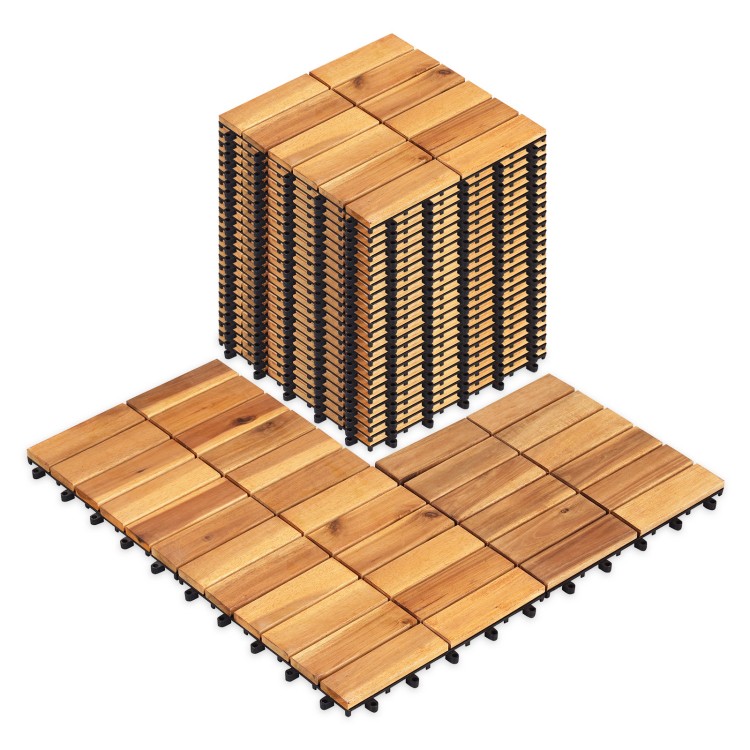 Acacia wood interlocking deck tiles stacked, 27 PCS, 12" x 12", waterproof for patio, balcony, and poolside use.