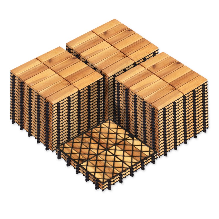 Acacia wood interlocking deck tiles in a stacked arrangement, 12" x 12", ideal for outdoor patio and balcony use.