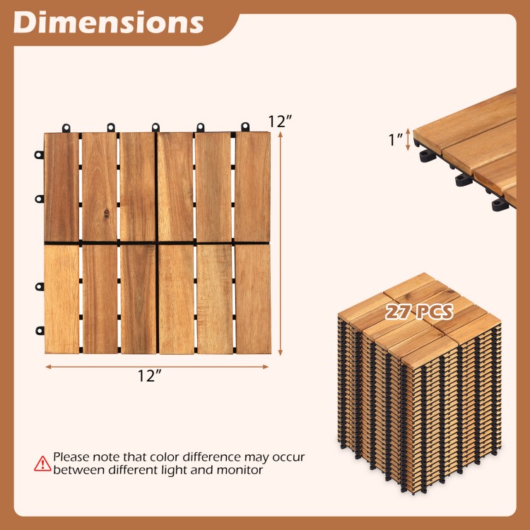 Acacia wood interlocking deck tiles, 12" x 12", 27 pieces, suitable for indoor and outdoor use, easy snap-together.