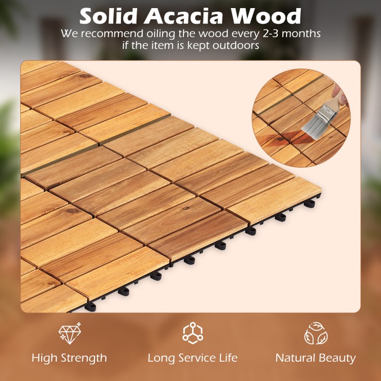 Acacia wood interlocking deck tiles in a close-up view, showcasing the natural beauty and waterproof design for outdoor.