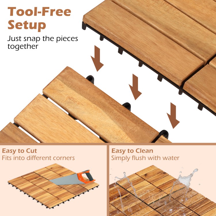 Acacia wood interlocking deck tiles showing tool-free setup, ideal for patio, balcony, and poolside use.