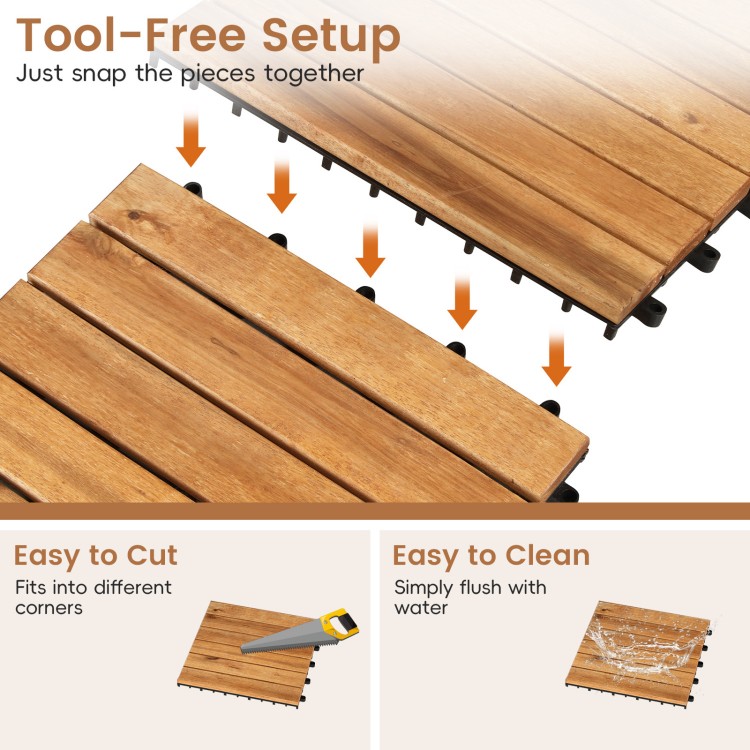 Acacia wood interlocking deck tiles with waterproof design, easy to cut and clean, perfect for outdoor patio use.