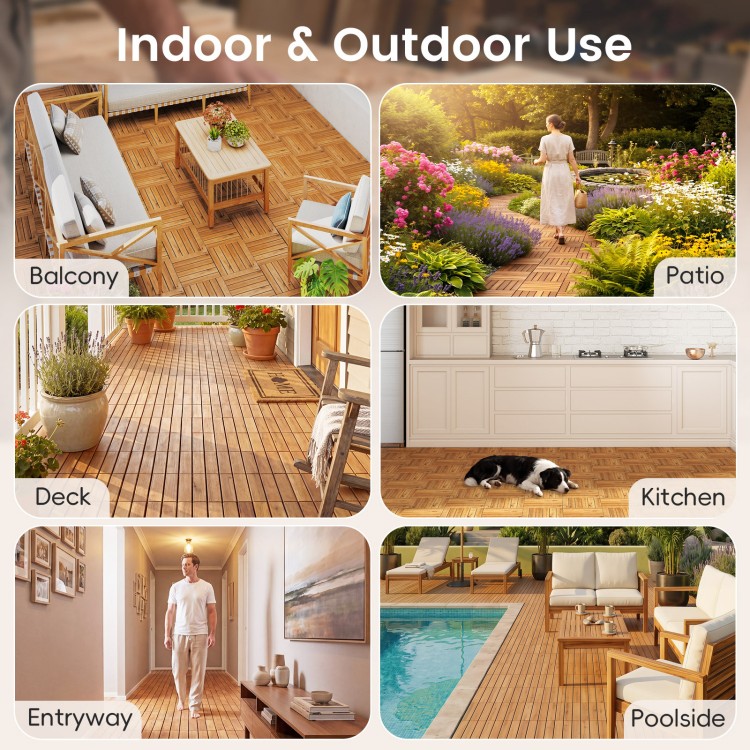 Acacia wood interlocking deck tiles in a natural finish, suitable for indoor and outdoor use on patios and balconies.