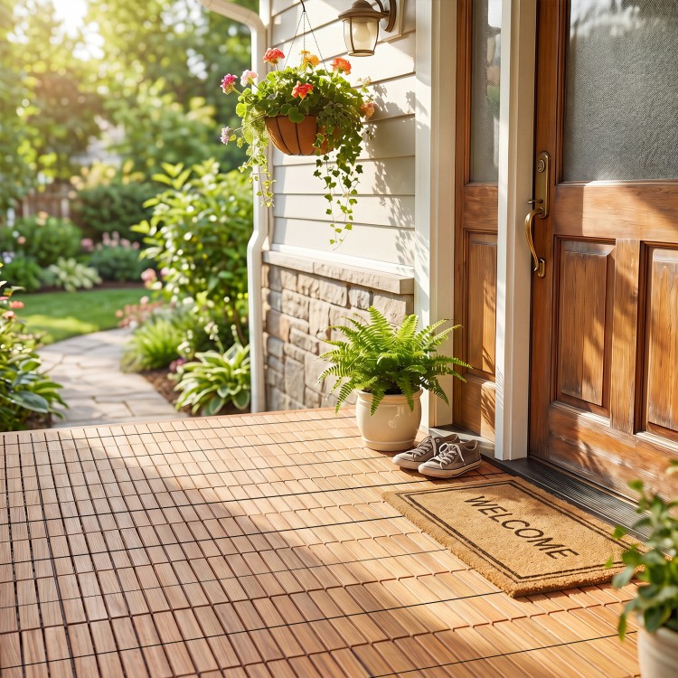 Acacia wood interlocking deck tiles in a natural finish, ideal for outdoor patios and balconies, showcasing a welcoming entrance.