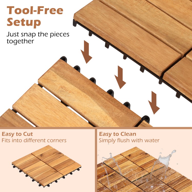 Acacia wood interlocking deck tiles in a natural finish, easy to clean and perfect for outdoor patios and balconies.